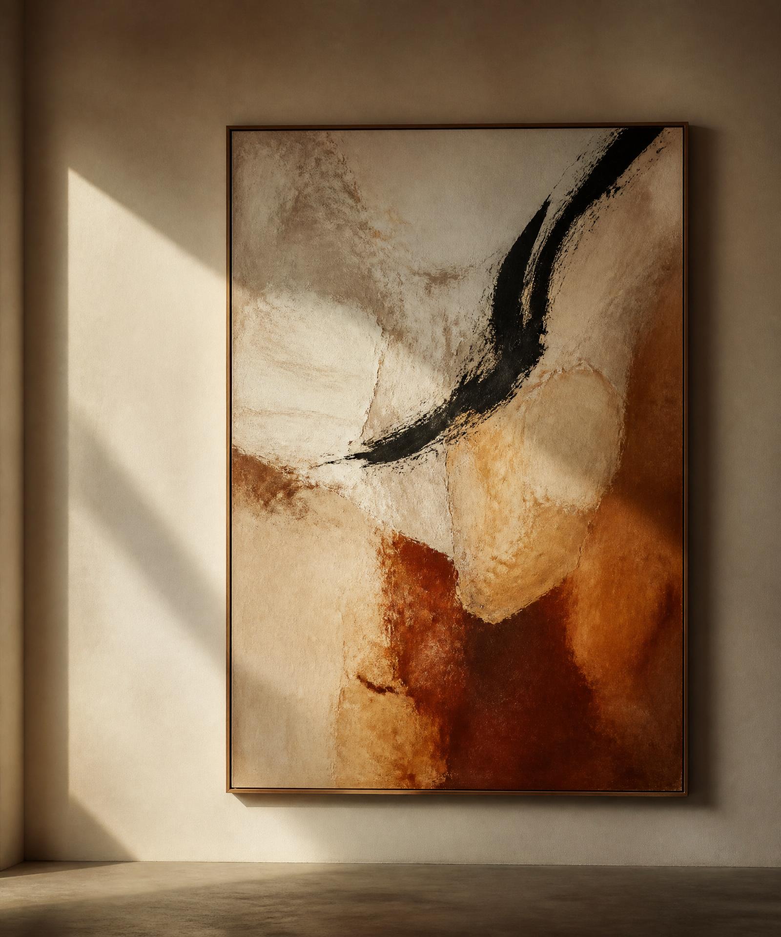 An editorial still of a contemporary painting installed in a natural-light gallery